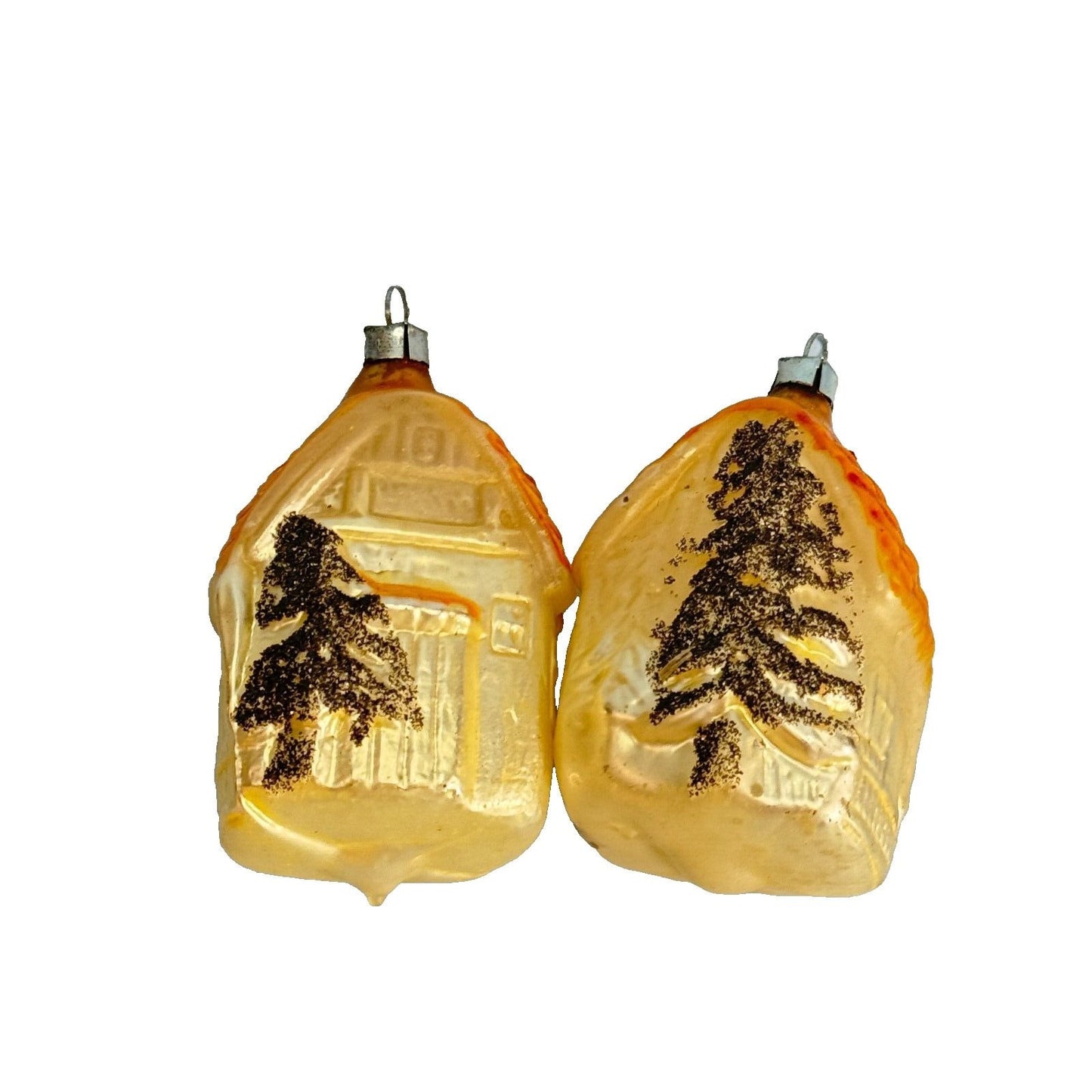 2 Antique Blown Glass Christmas House Ornaments West Germany 3 1/2"