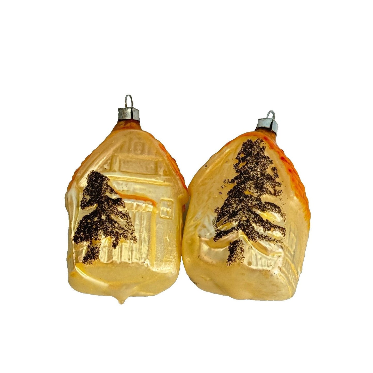 2 Antique Blown Glass Christmas House Ornaments West Germany 3 1/2"