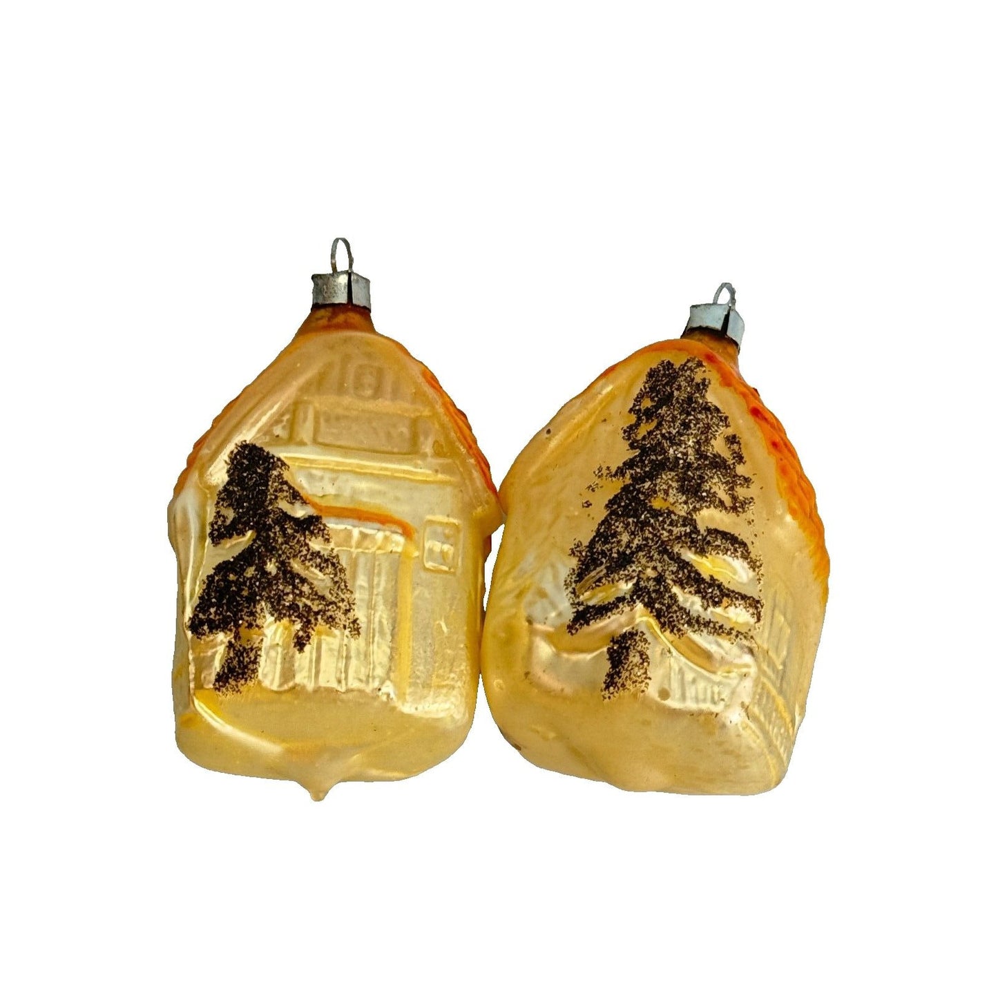 2 Antique Blown Glass Christmas House Ornaments West Germany 3 1/2"