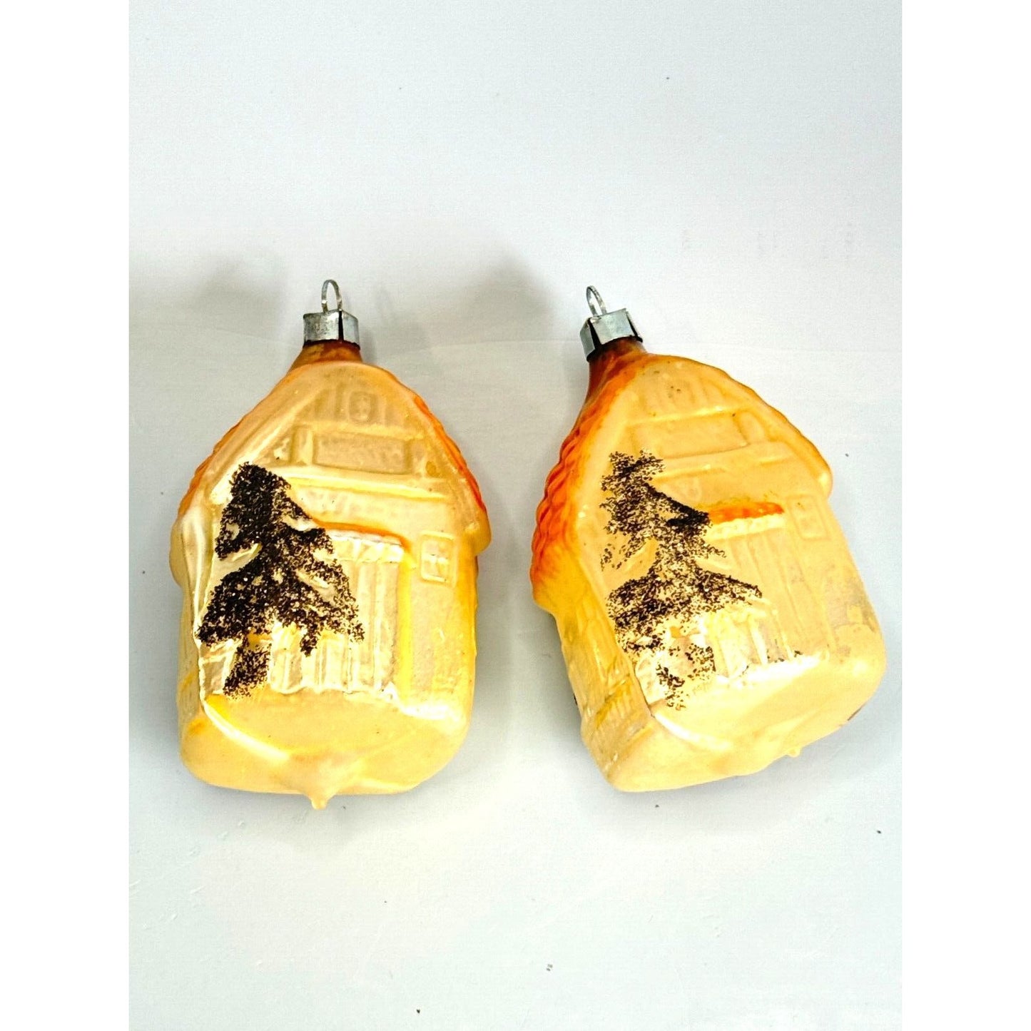 2 Antique Blown Glass Christmas House Ornaments West Germany 3 1/2"