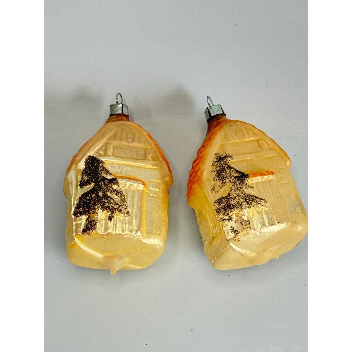 2 Antique Blown Glass Christmas House Ornaments West Germany 3 1/2"