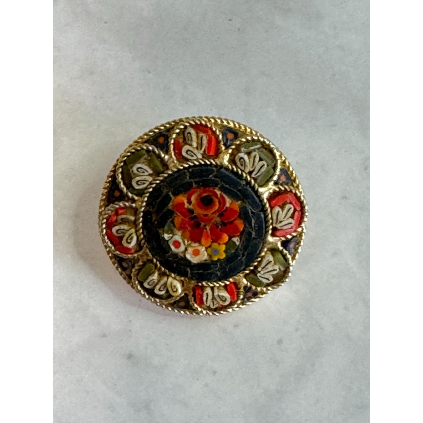 Vintage Micro Mosaic Brooch Floral Design Gold-Tone Round 1 1/4"