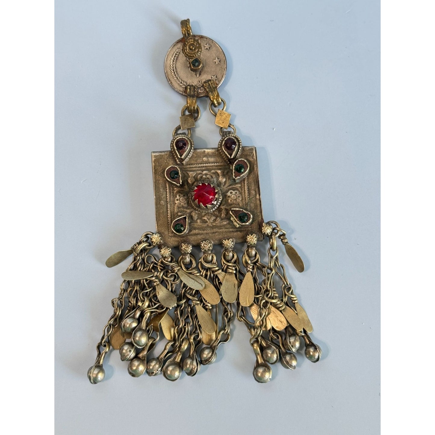 Vintage Tribal Kuchi Afghani Pendant With Red & Green Gemstones 5 3/4"