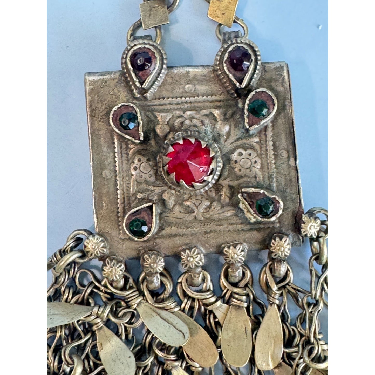 Vintage Tribal Kuchi Afghani Pendant With Red & Green Gemstones 5 3/4"