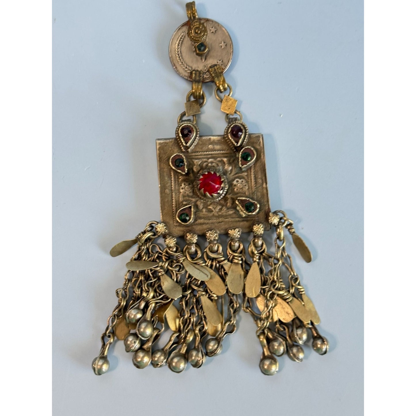 Vintage Tribal Kuchi Afghani Pendant With Red & Green Gemstones 5 3/4"