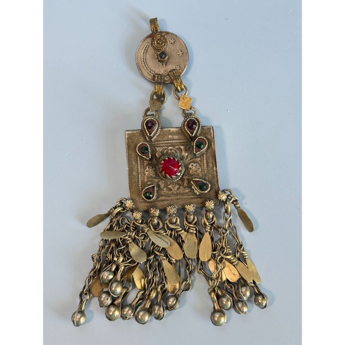 Vintage Tribal Kuchi Afghani Pendant With Red & Green Gemstones 5 3/4"