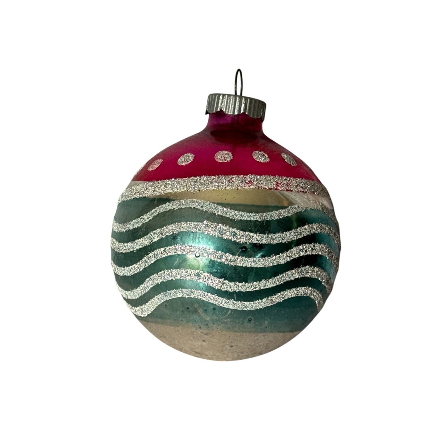 Vintage Shiny Brite Glass Ornament Pink Teal Silver Glitter Waves Dots Christmas