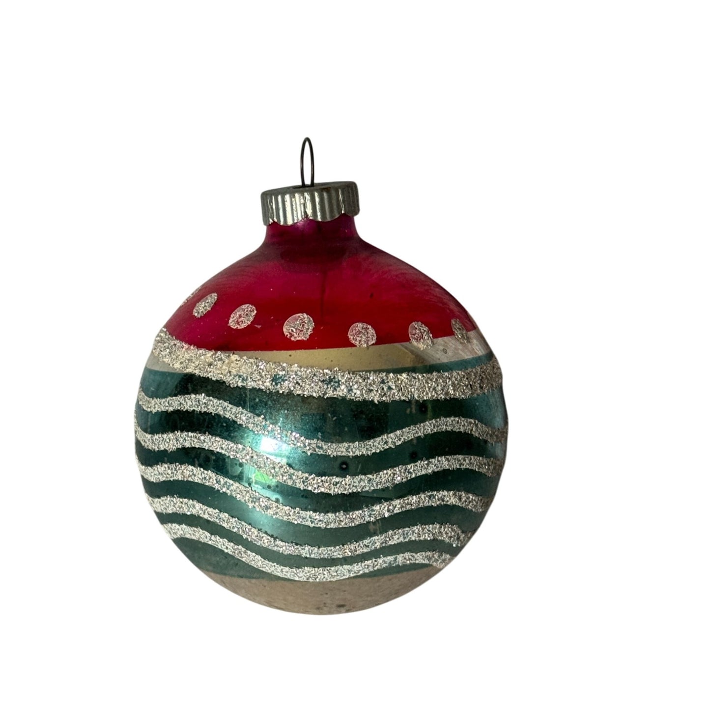 Vintage Shiny Brite Glass Ornament Pink Teal Silver Glitter Waves Dots Christmas