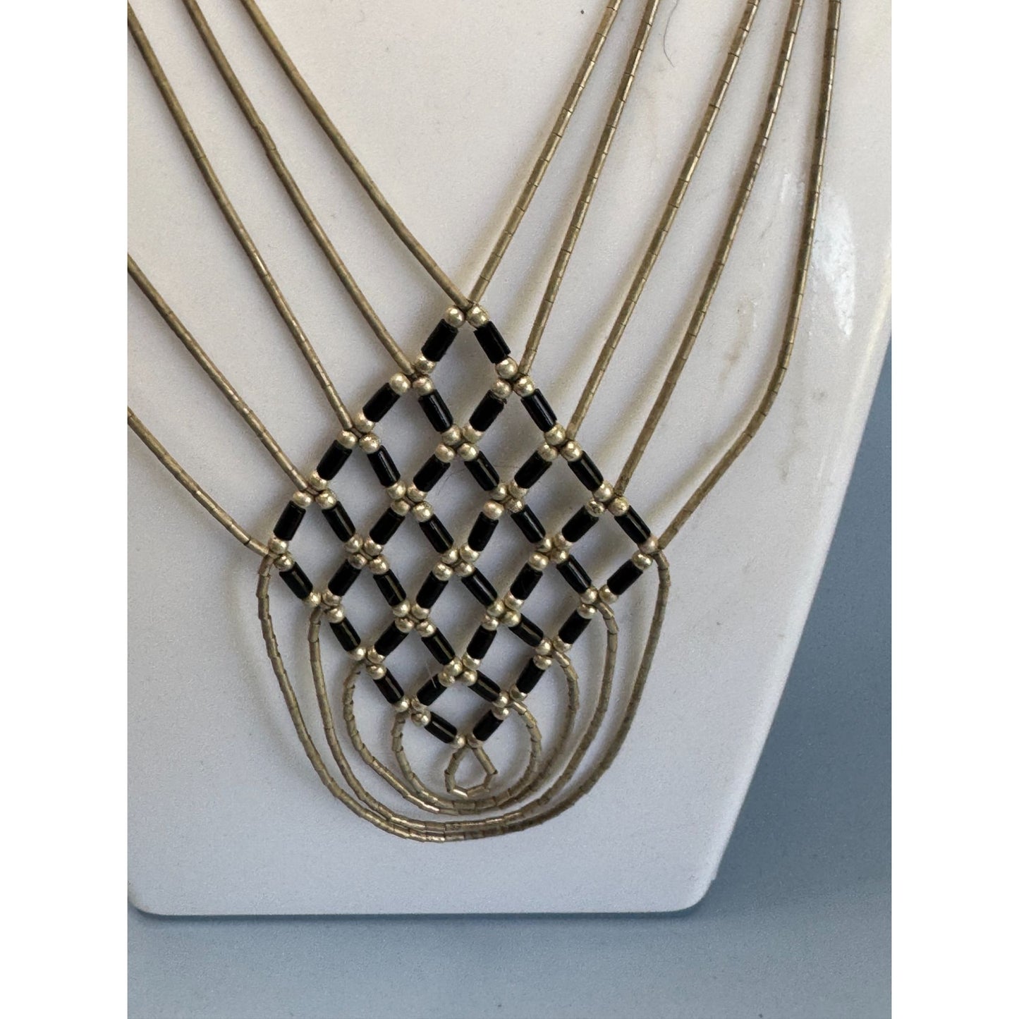 Native American Black Onyx Liquid Sterling Silver Heshi Beaded Necklace 16"