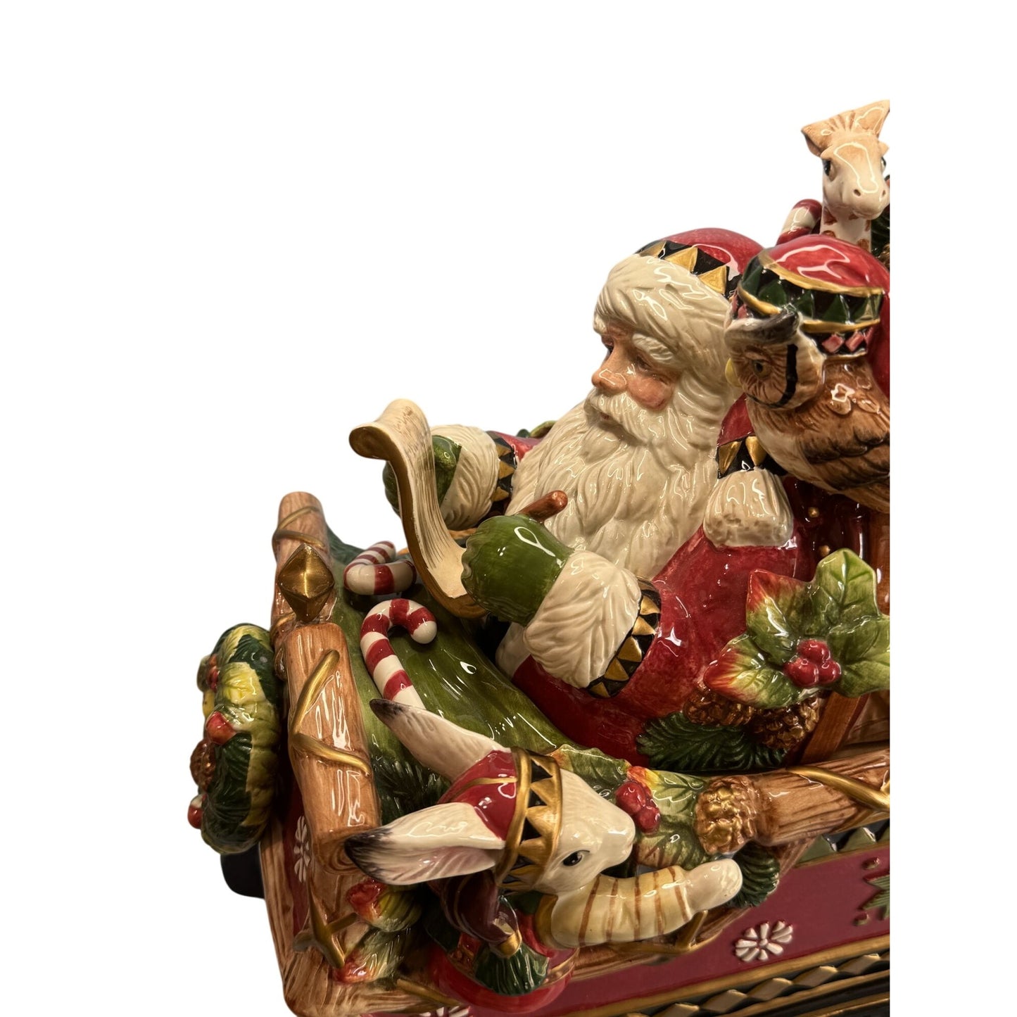 Fitz & Floyd Christmas Lodge Cookie Jar Santa Sleigh 13" x 8" x 15"