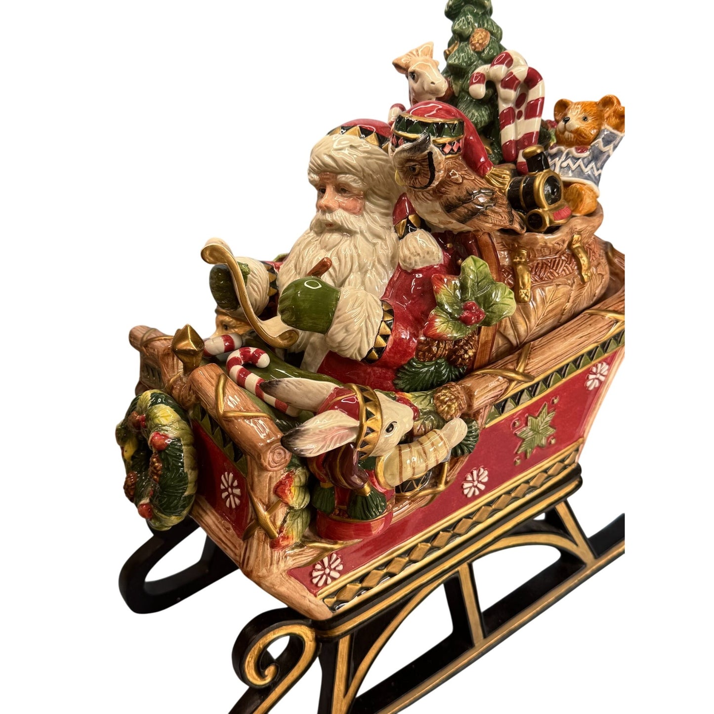 Fitz & Floyd Christmas Lodge Cookie Jar Santa Sleigh 13" x 8" x 15"