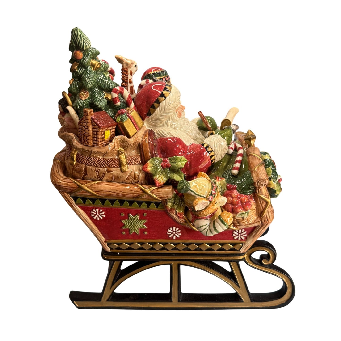 Fitz & Floyd Christmas Lodge Cookie Jar Santa Sleigh 13" x 8" x 15"