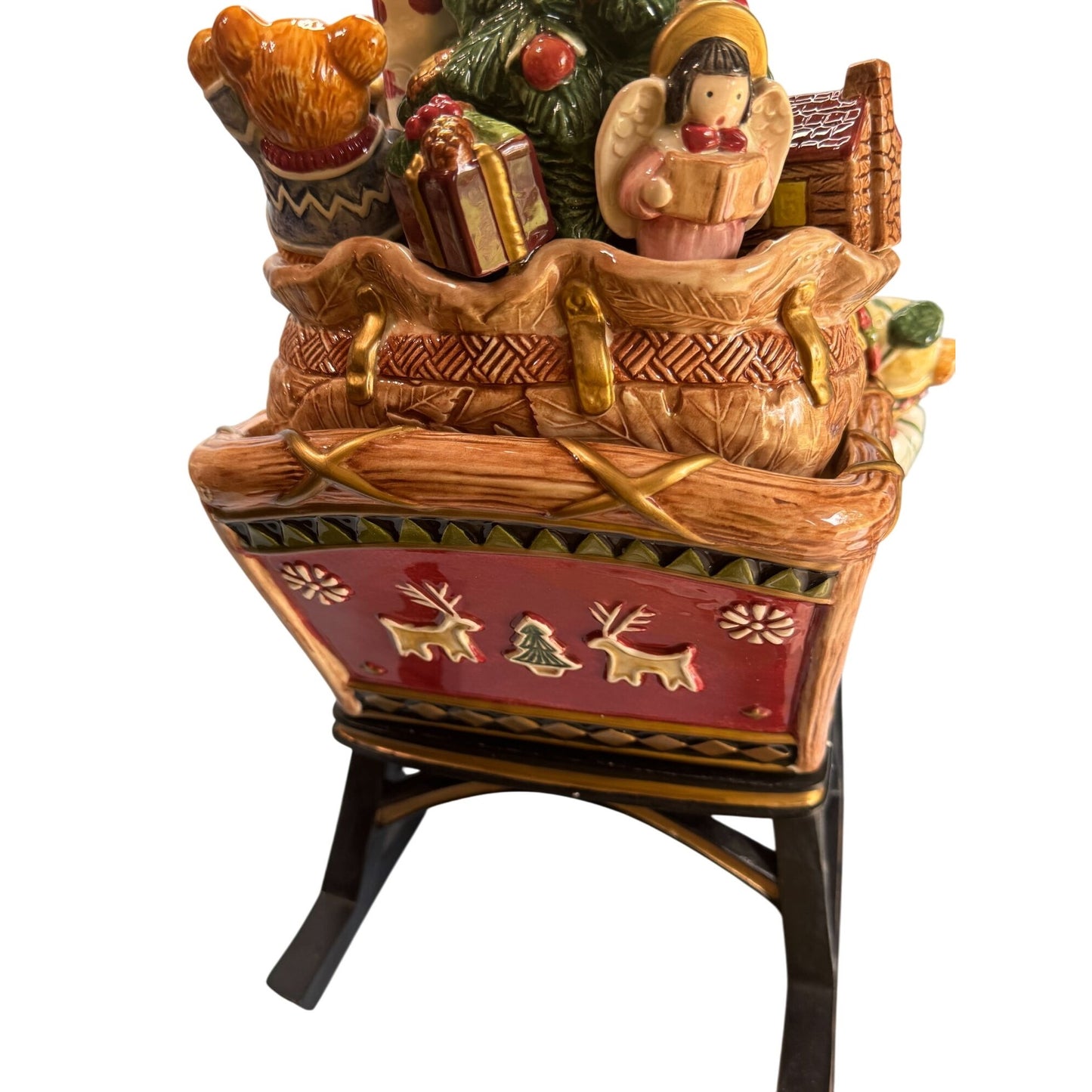 Fitz & Floyd Christmas Lodge Cookie Jar Santa Sleigh 13" x 8" x 15"