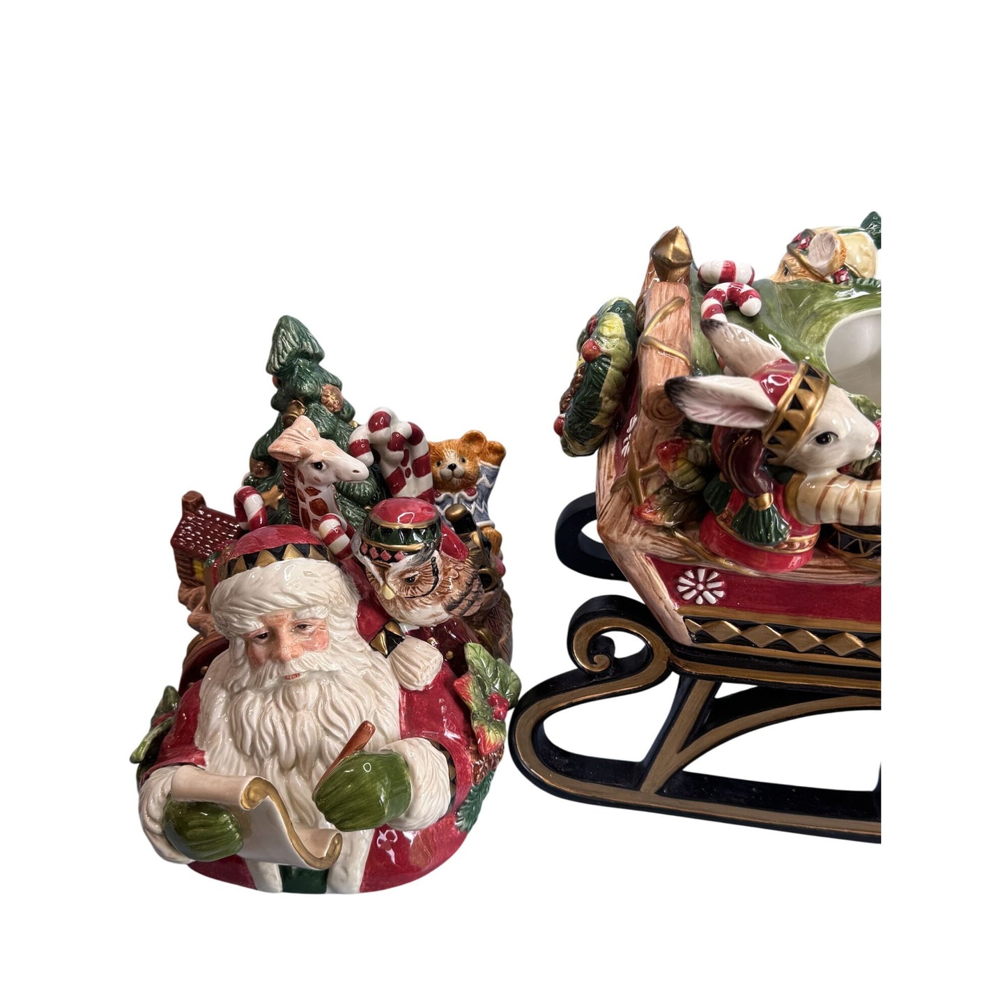 Fitz & Floyd Christmas Lodge Cookie Jar Santa Sleigh 13" x 8" x 15"