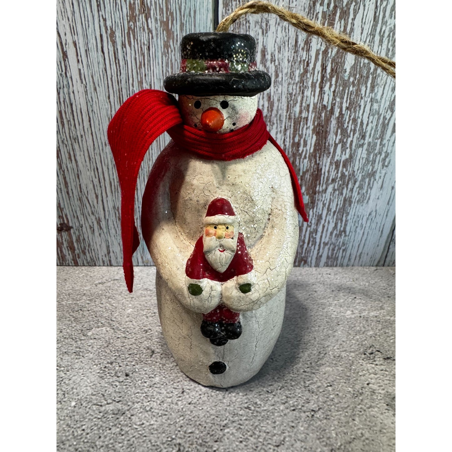 Folk Art Snowman Ornament With Santa Red Scarf Handmade 6"
