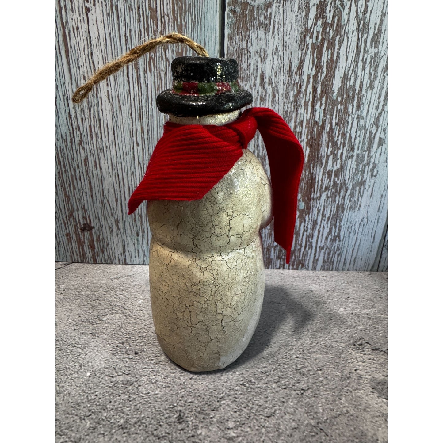 Folk Art Snowman Ornament With Santa Red Scarf Handmade 6"