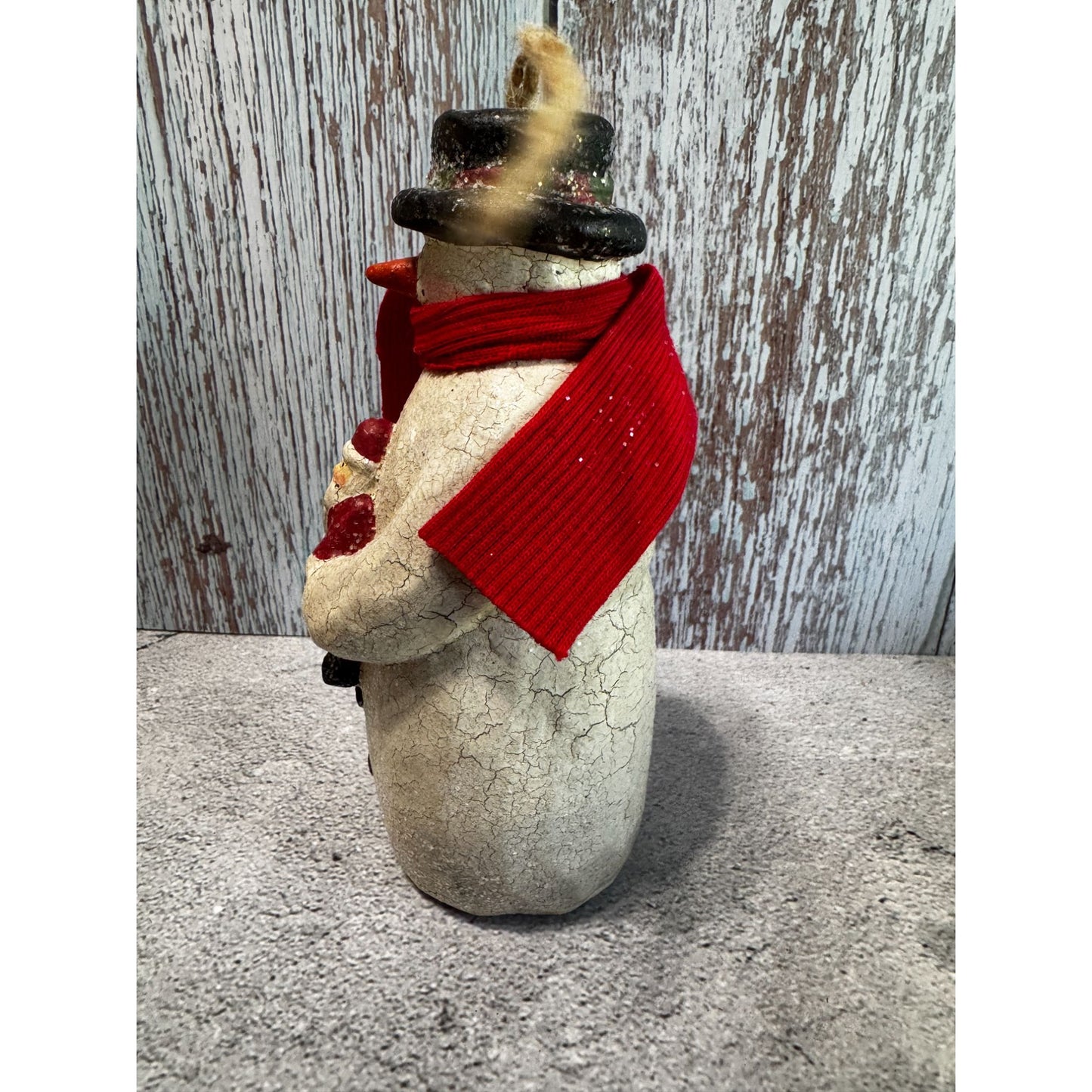 Folk Art Snowman Ornament With Santa Red Scarf Handmade 6"
