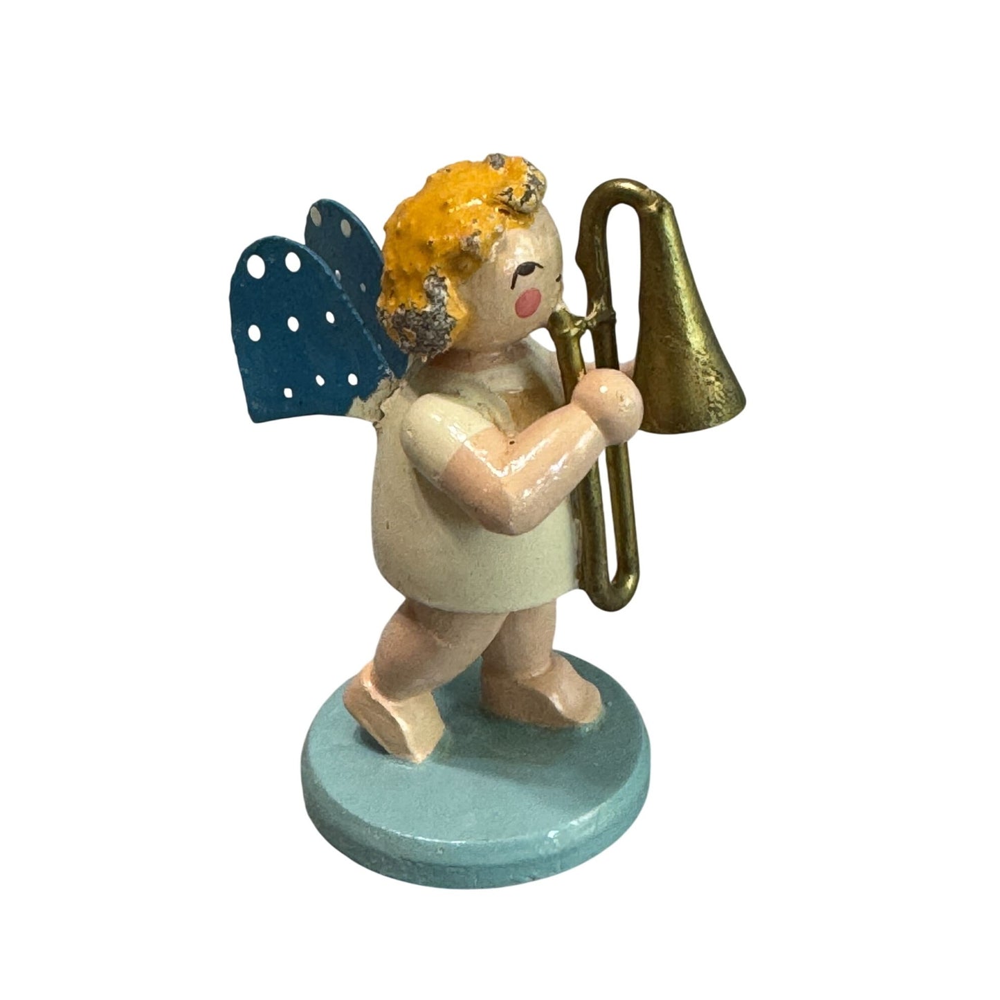 Steinbach Wooden Angel Ornament Cherub Germany Blue Handcrafted Vintage 2.5"