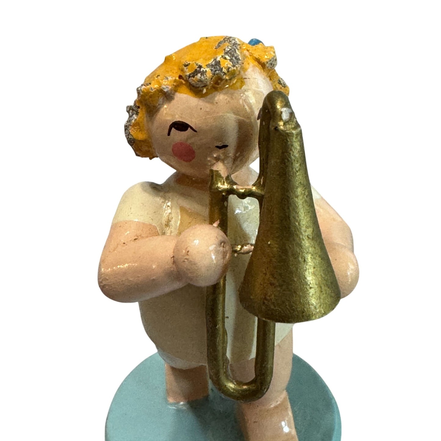 Steinbach Wooden Angel Ornament Cherub Germany Blue Handcrafted Vintage 2.5"