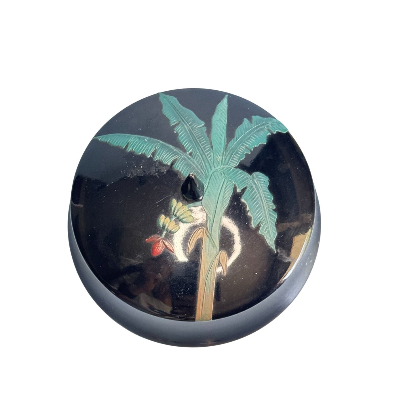 Handcrafted Ryukyu Lacquer Ware Co Black Trinket Box W/Palm Tree Red Interior