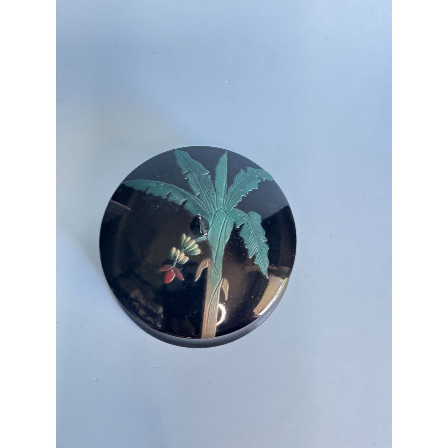 Handcrafted Ryukyu Lacquer Ware Co Black Trinket Box W/Palm Tree Red Interior