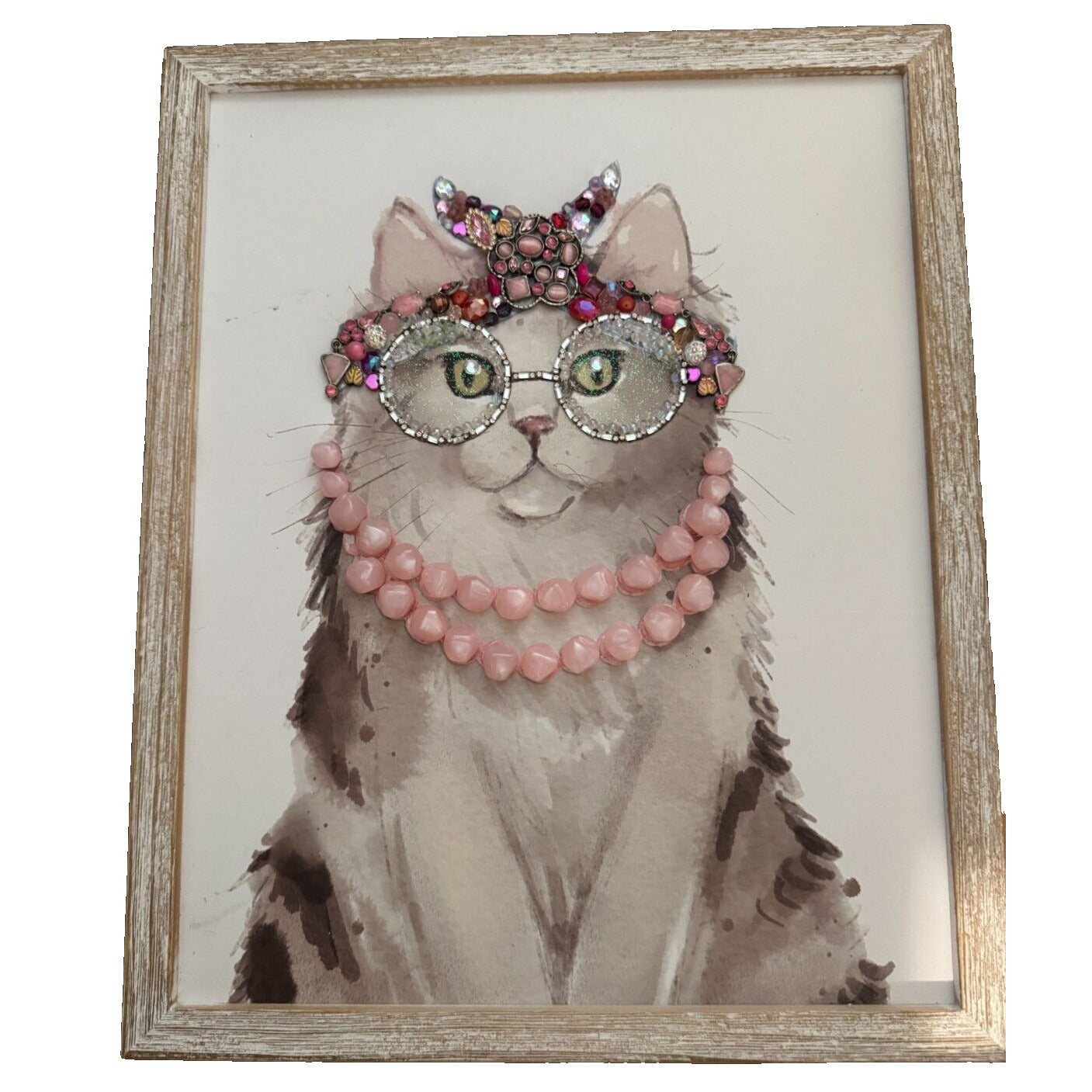 Framed Jewelry Art Cat With Pink Pearls &Embellished Glasses By Betty 13" X 16" Home Decor