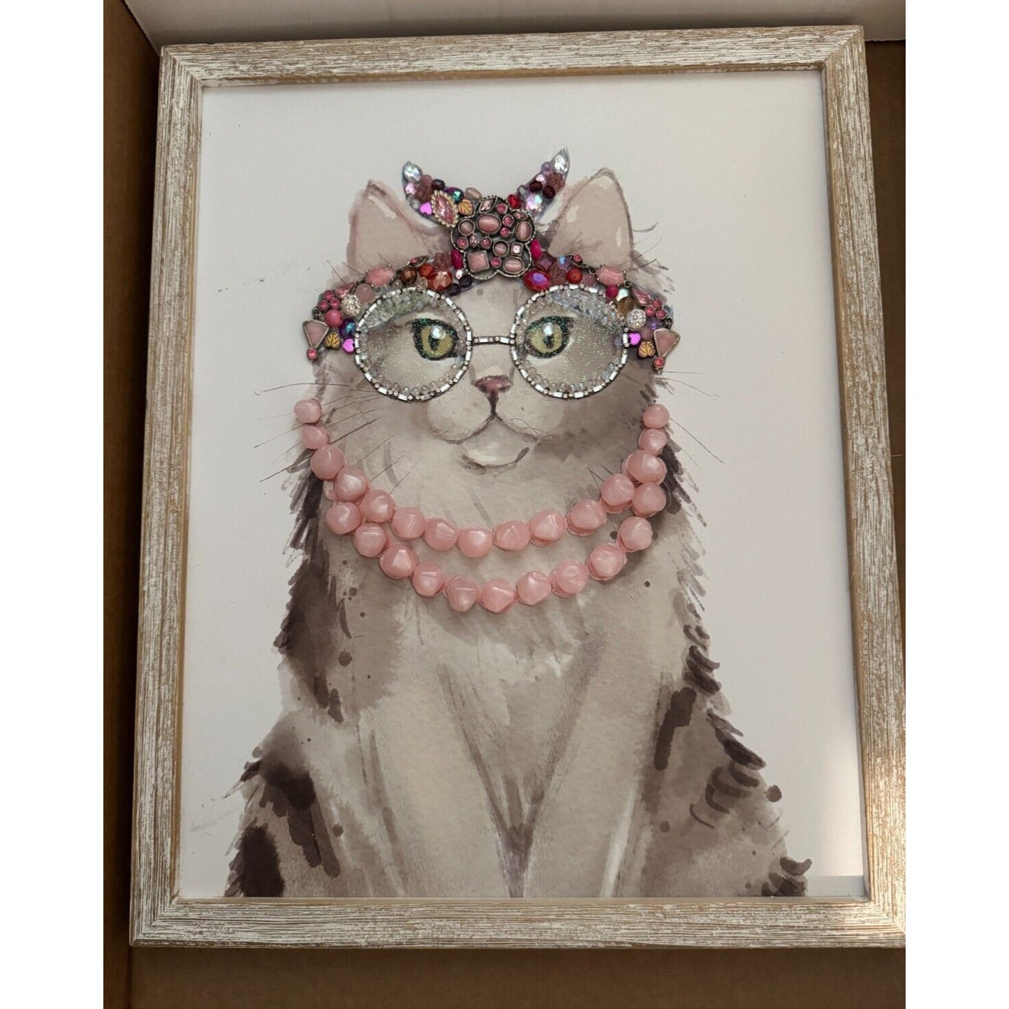 Framed Jewelry Art Cat With Pink Pearls &Embellished Glasses By Betty 13" X 16" Home Decor