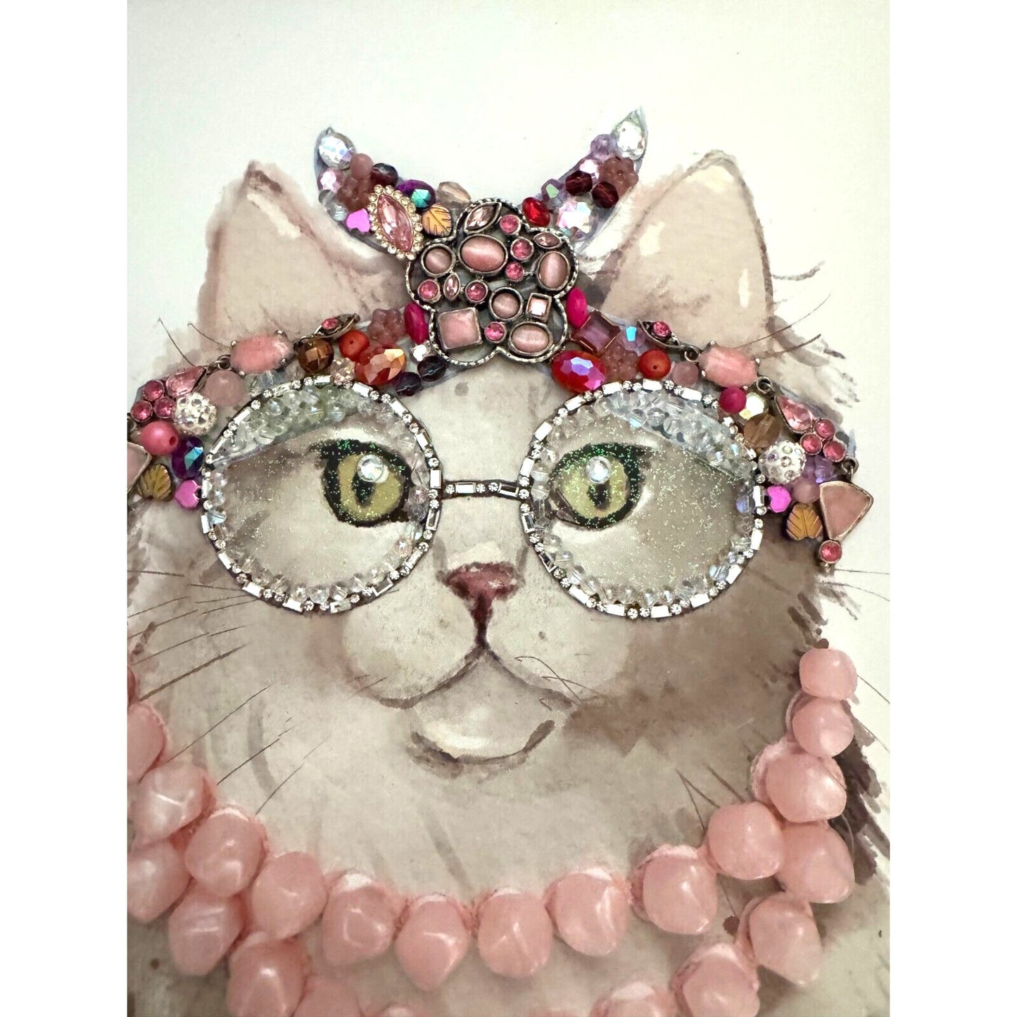 Framed Jewelry Art Cat With Pink Pearls &Embellished Glasses By Betty 13" X 16" Home Decor