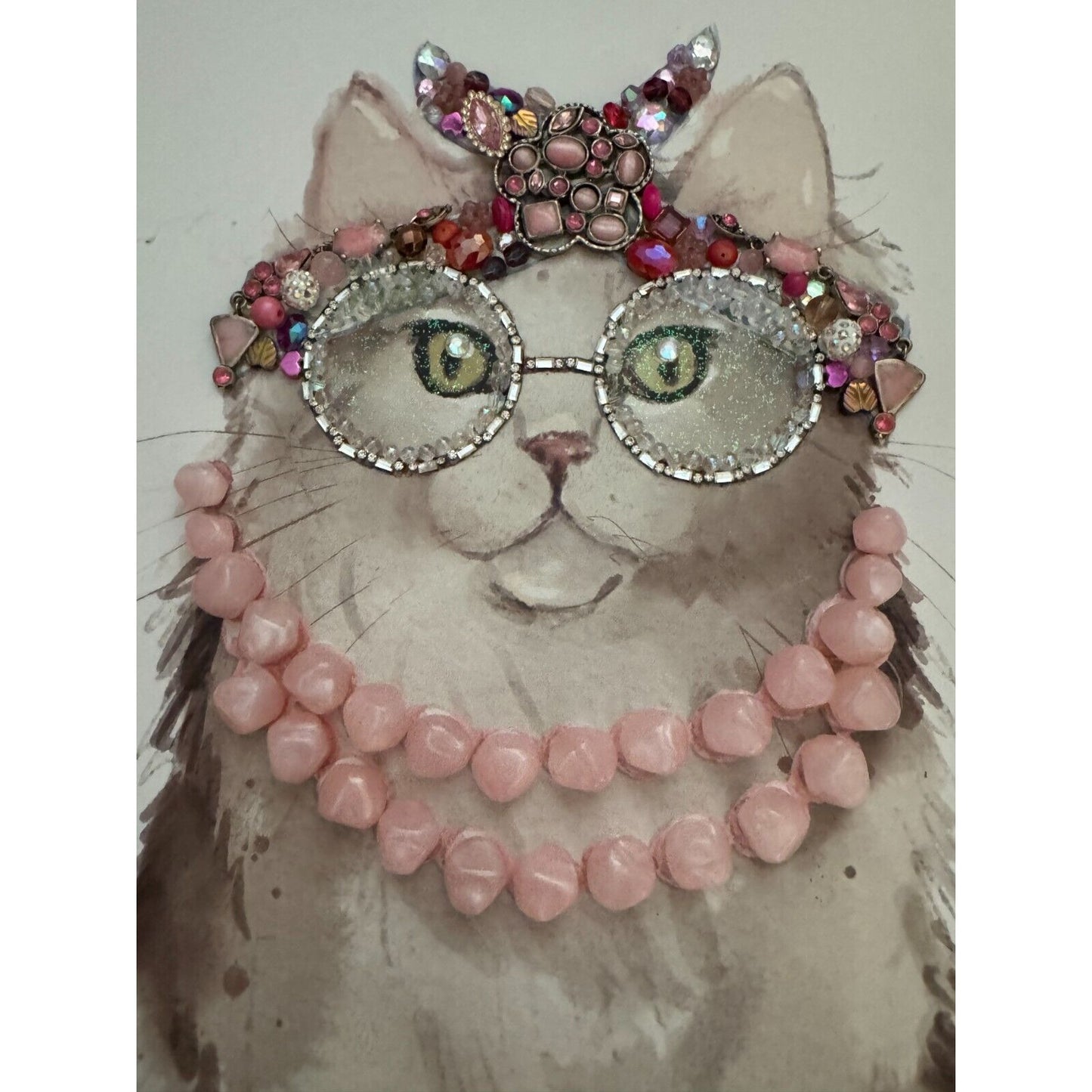 Framed Jewelry Art Cat With Pink Pearls &Embellished Glasses By Betty 13" X 16" Home Decor