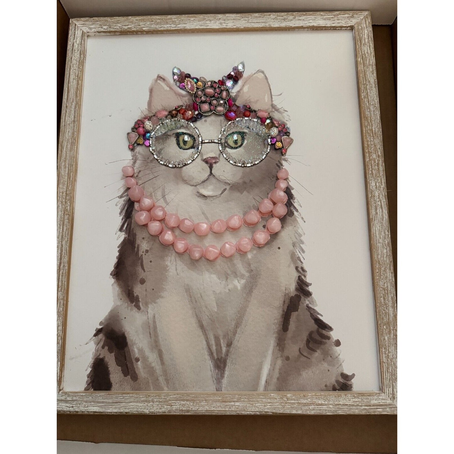Framed Jewelry Art Cat With Pink Pearls &Embellished Glasses By Betty 13" X 16" Home Decor
