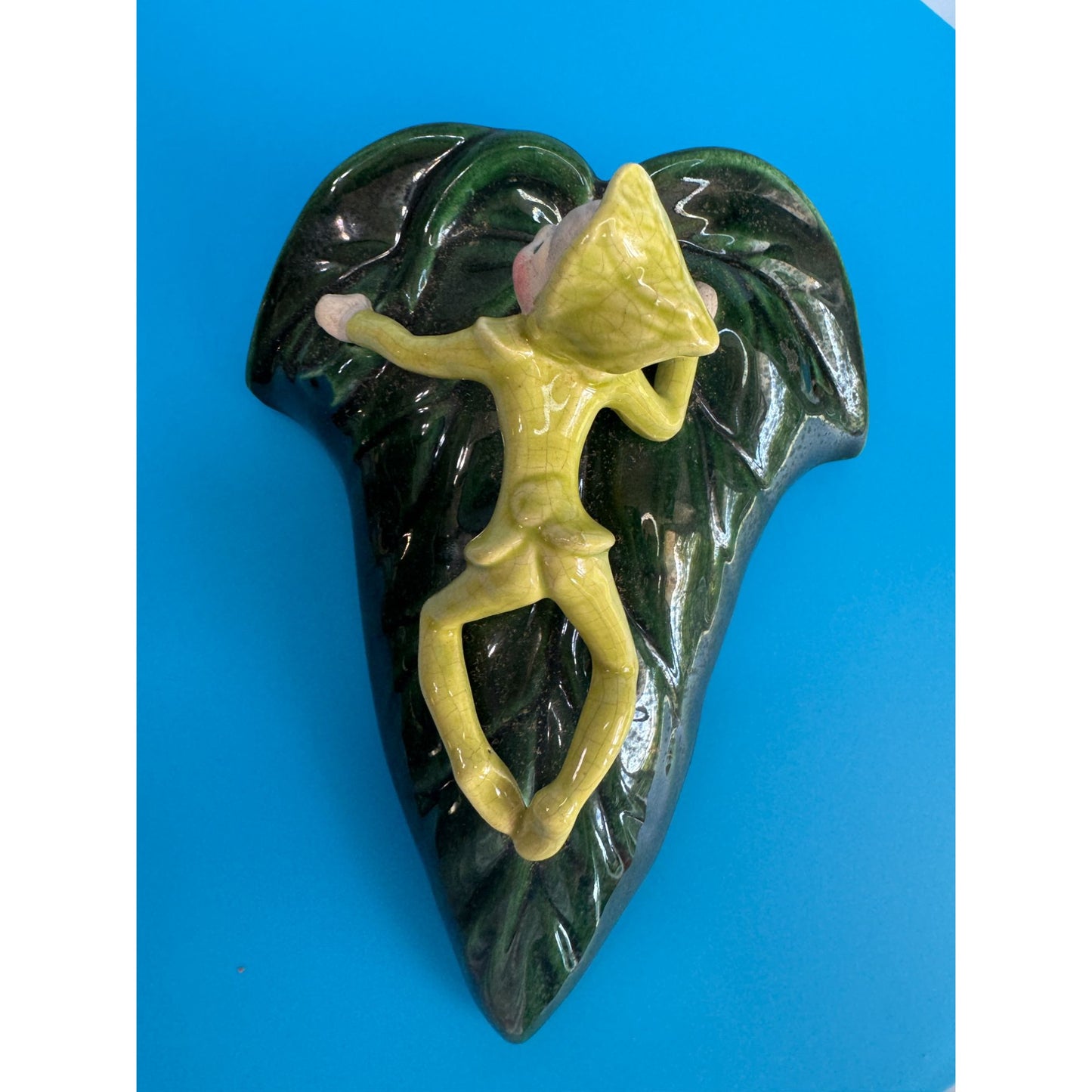 Vintage Cali Crown Wall Pocket Elf on Leaf Mid Century California Pottery 7"
