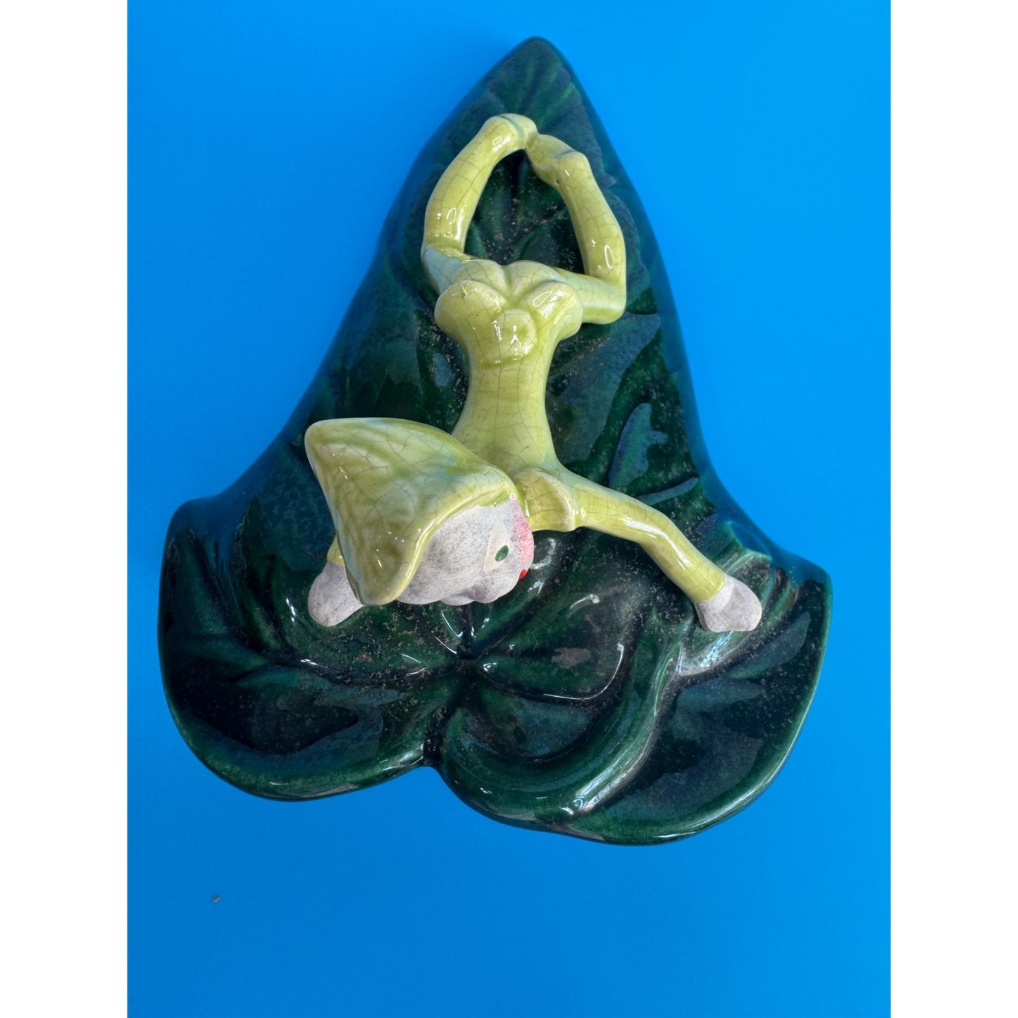 Vintage Cali Crown Wall Pocket Elf on Leaf Mid Century California Pottery 7"