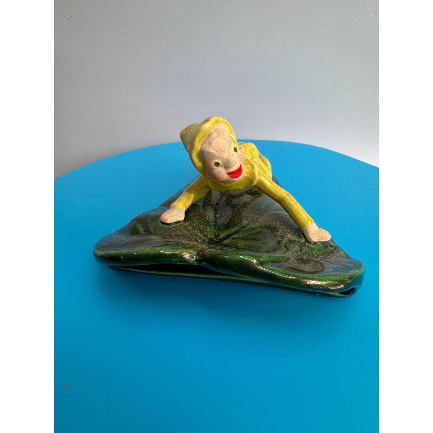 Vintage Cali Crown Wall Pocket Elf on Leaf Mid Century California Pottery 7"