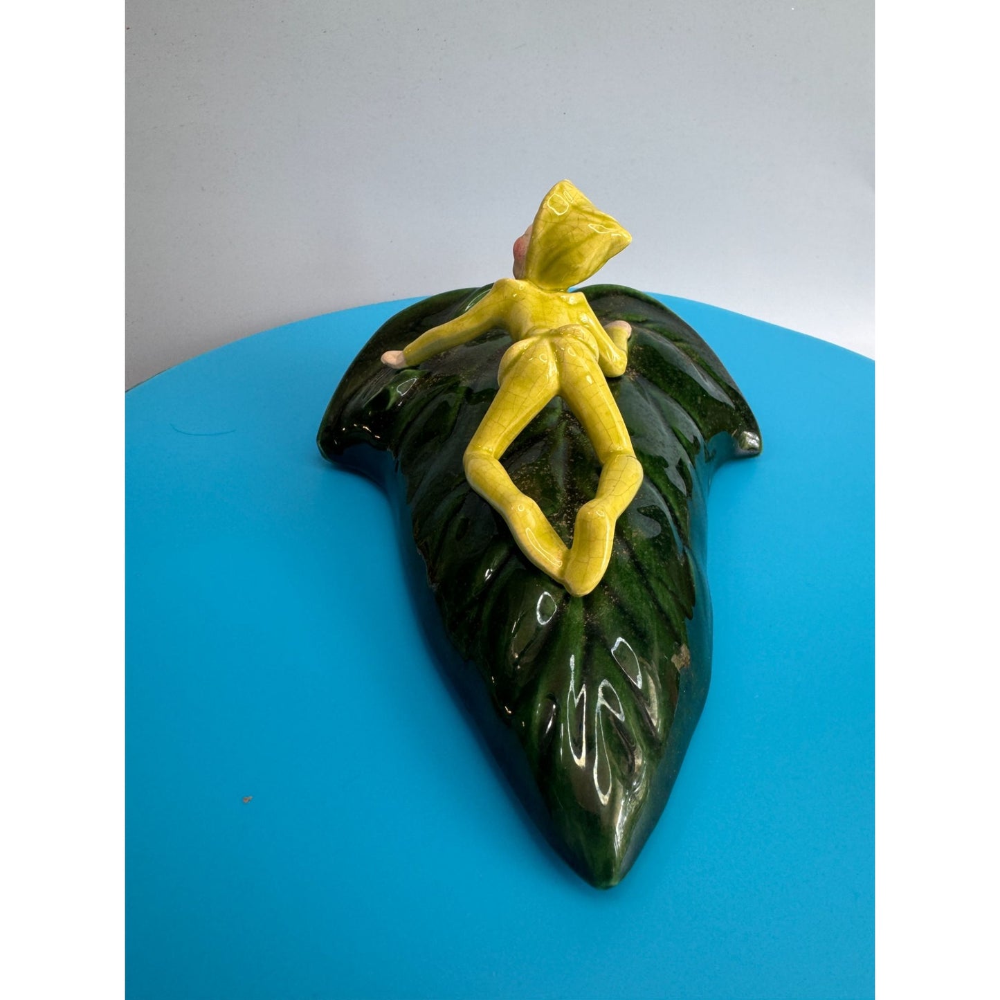 Vintage Cali Crown Wall Pocket Elf on Leaf Mid Century California Pottery 7"