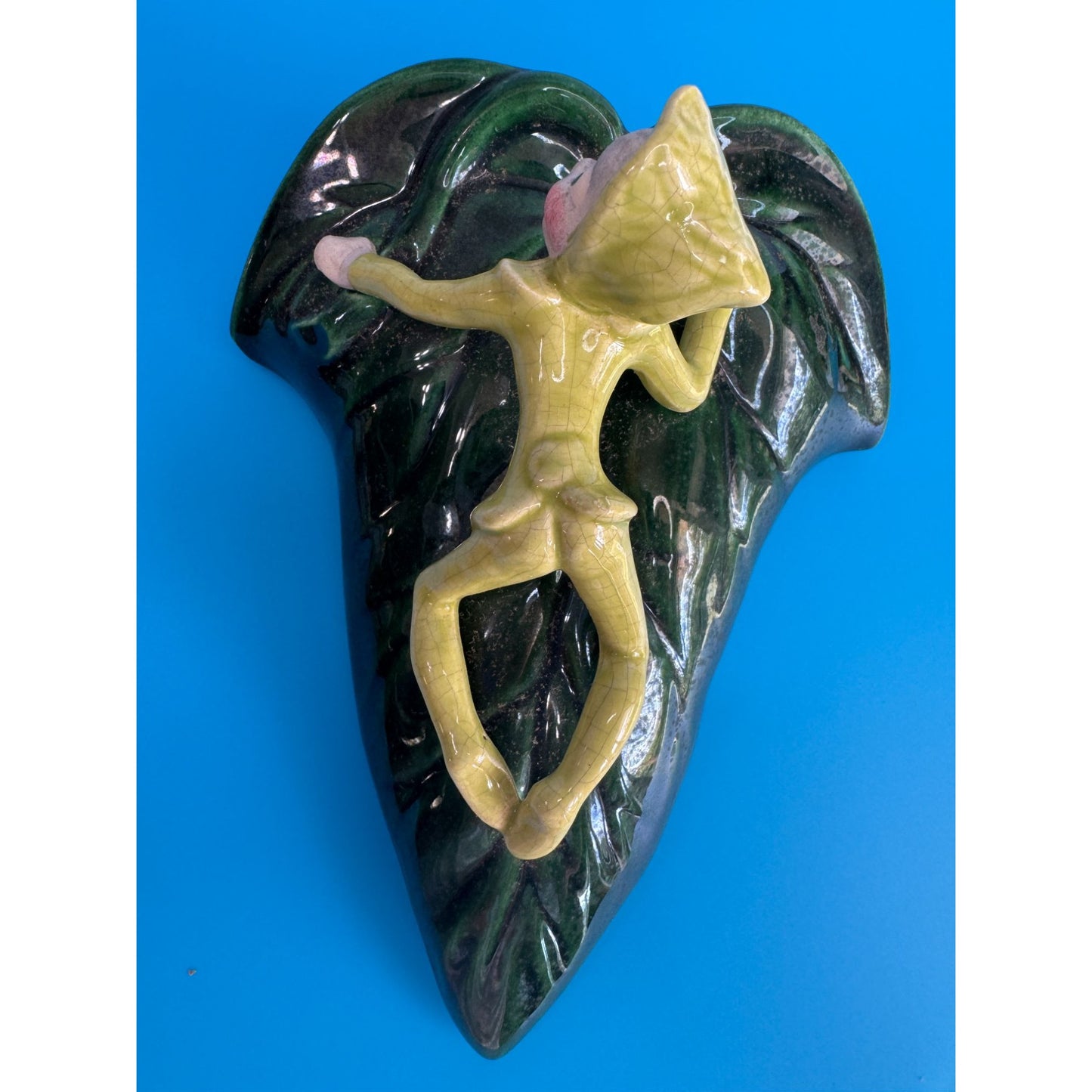 Vintage Cali Crown Wall Pocket Elf on Leaf Mid Century California Pottery 7"