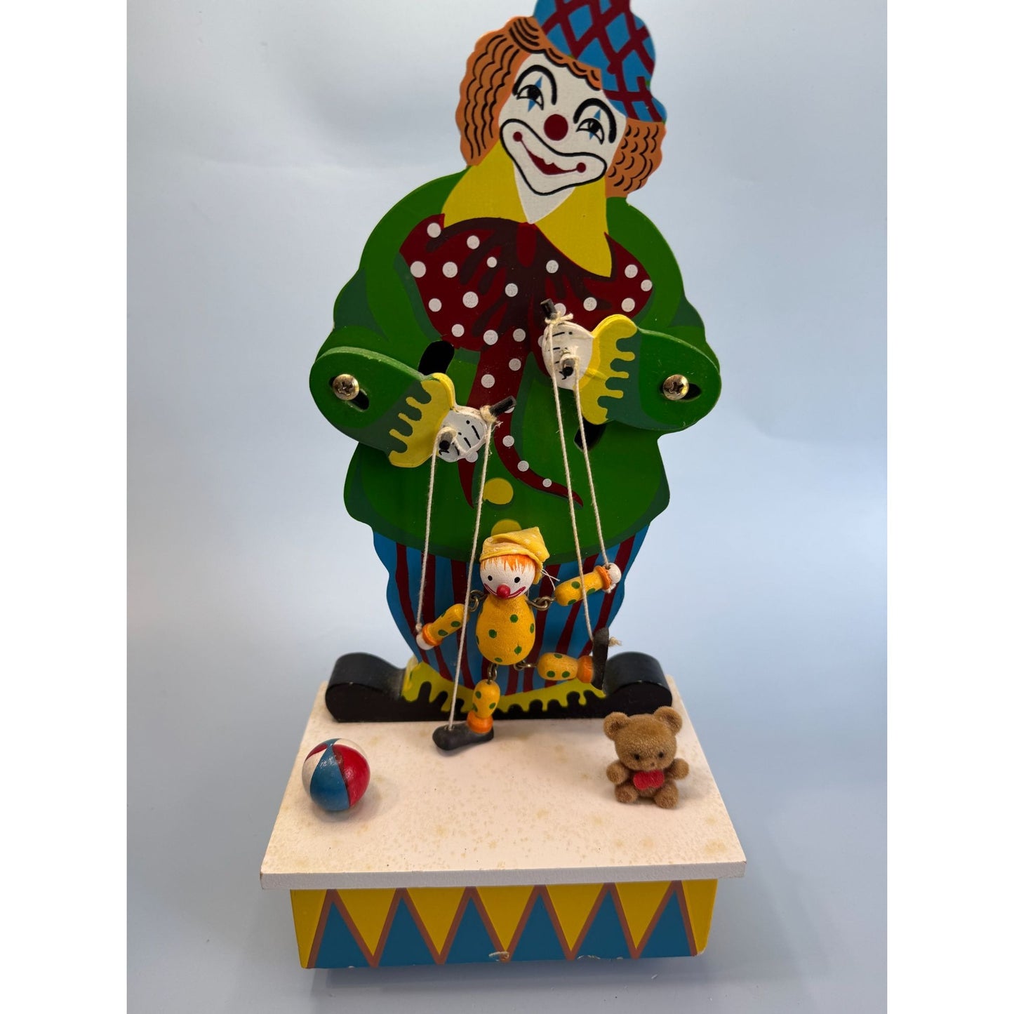 Vintage Wooden Clown Music Box With Puppet & Teddy Bear Wind-Up Animated Motion