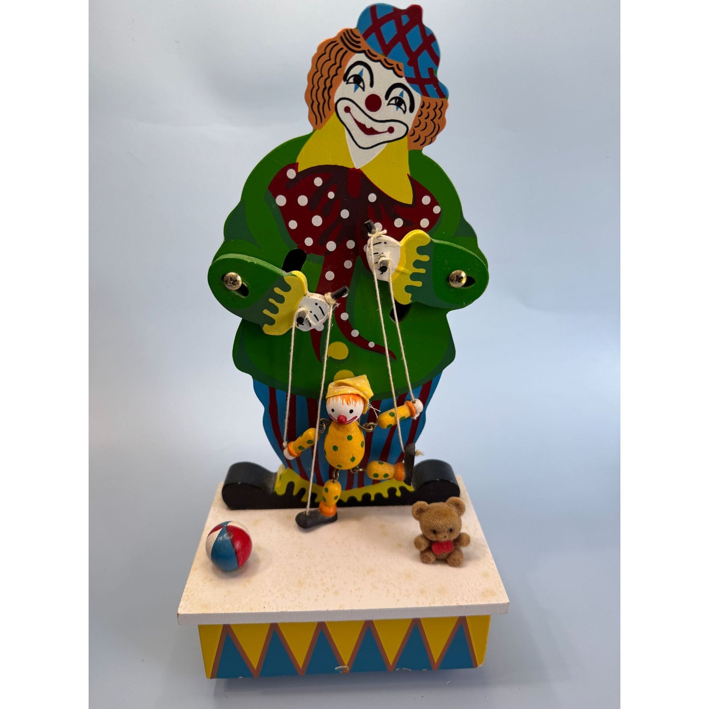 Vintage Wooden Clown Music Box With Puppet & Teddy Bear Wind-Up Animated Motion