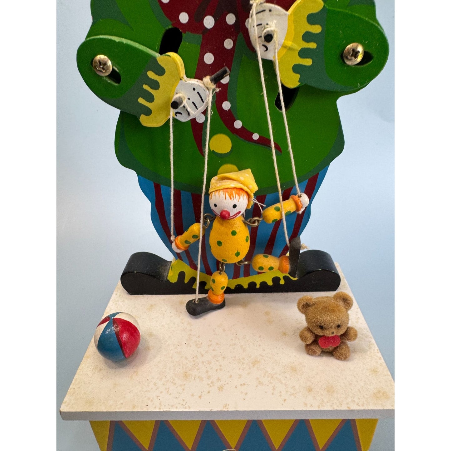 Vintage Wooden Clown Music Box With Puppet & Teddy Bear Wind-Up Animated Motion