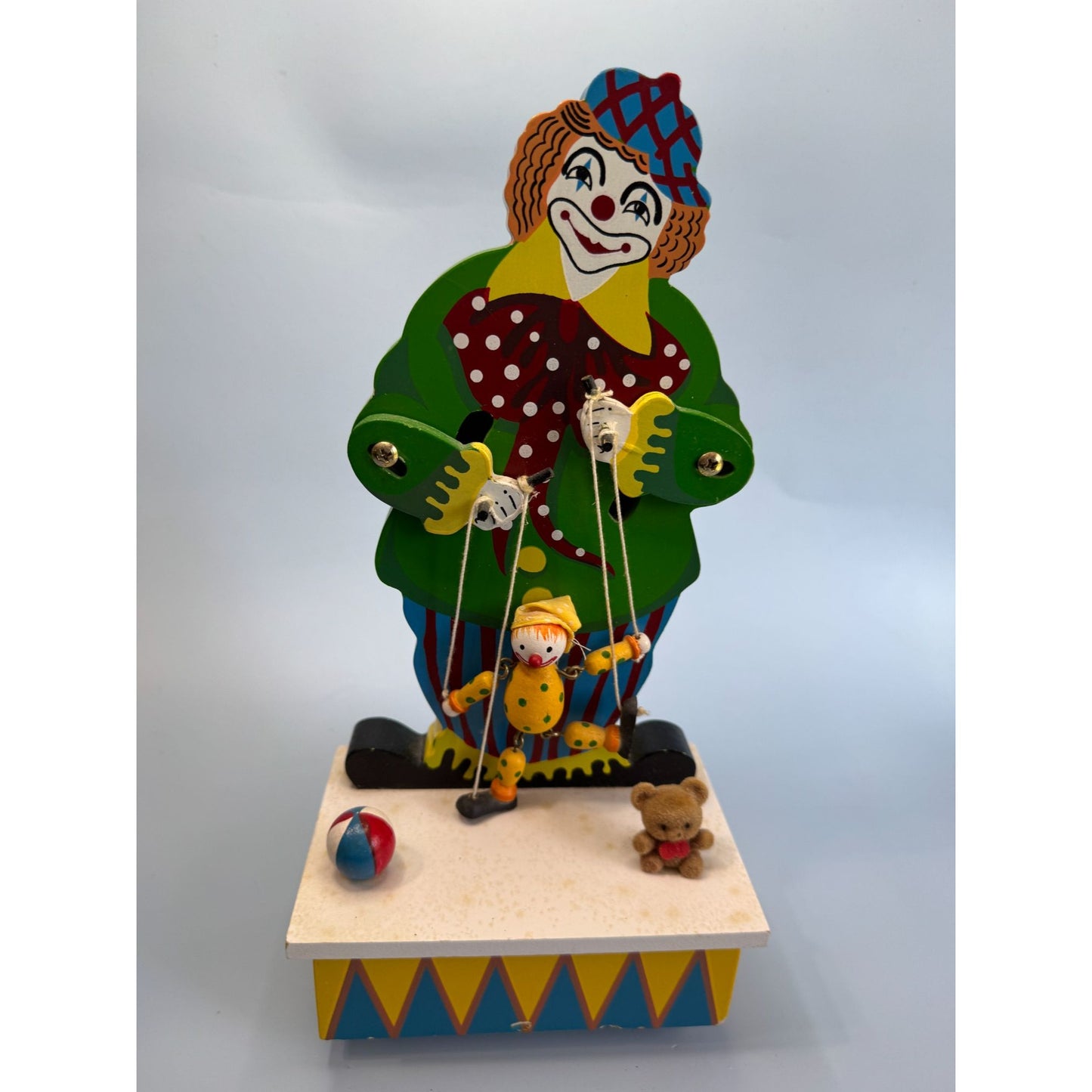 Vintage Wooden Clown Music Box With Puppet & Teddy Bear Wind-Up Animated Motion