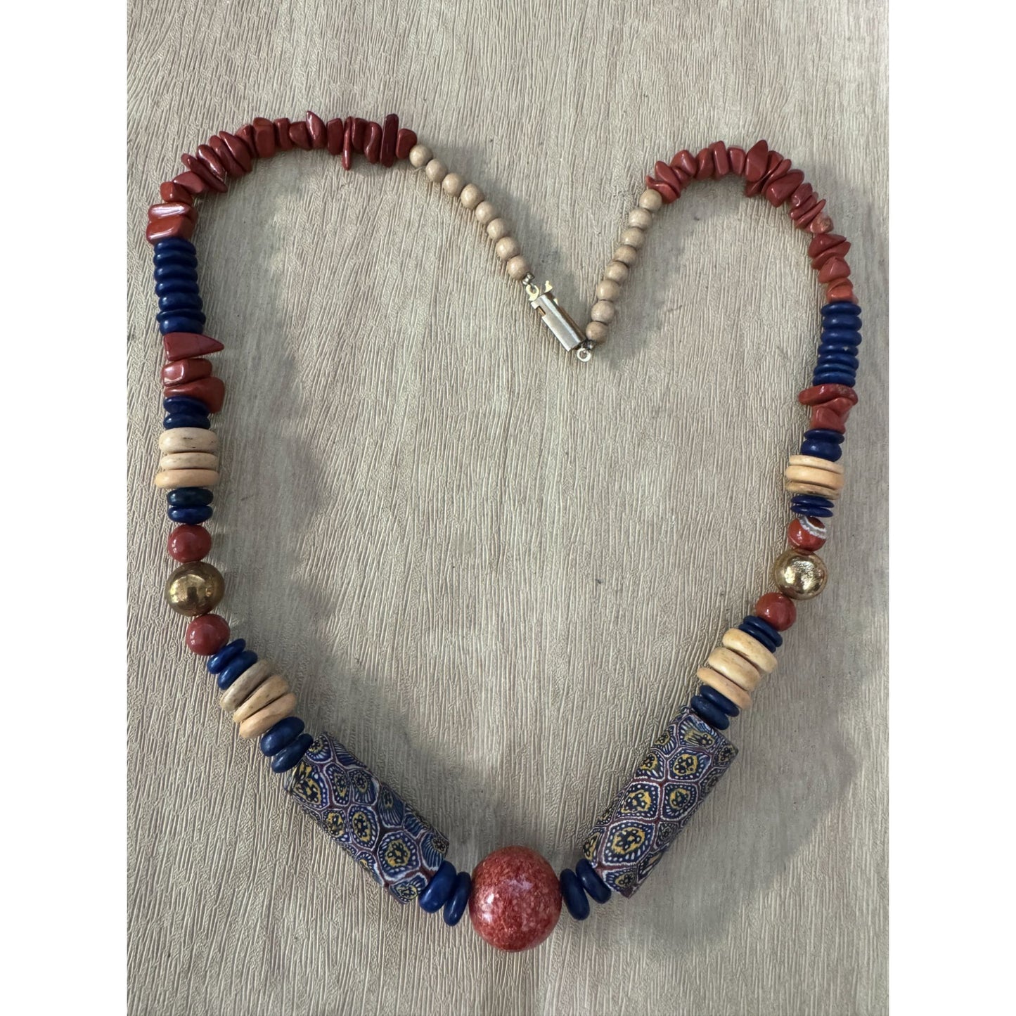Vintage Murano Venetian Millefiori Beaded Necklace With Red & Blue Accents 16"