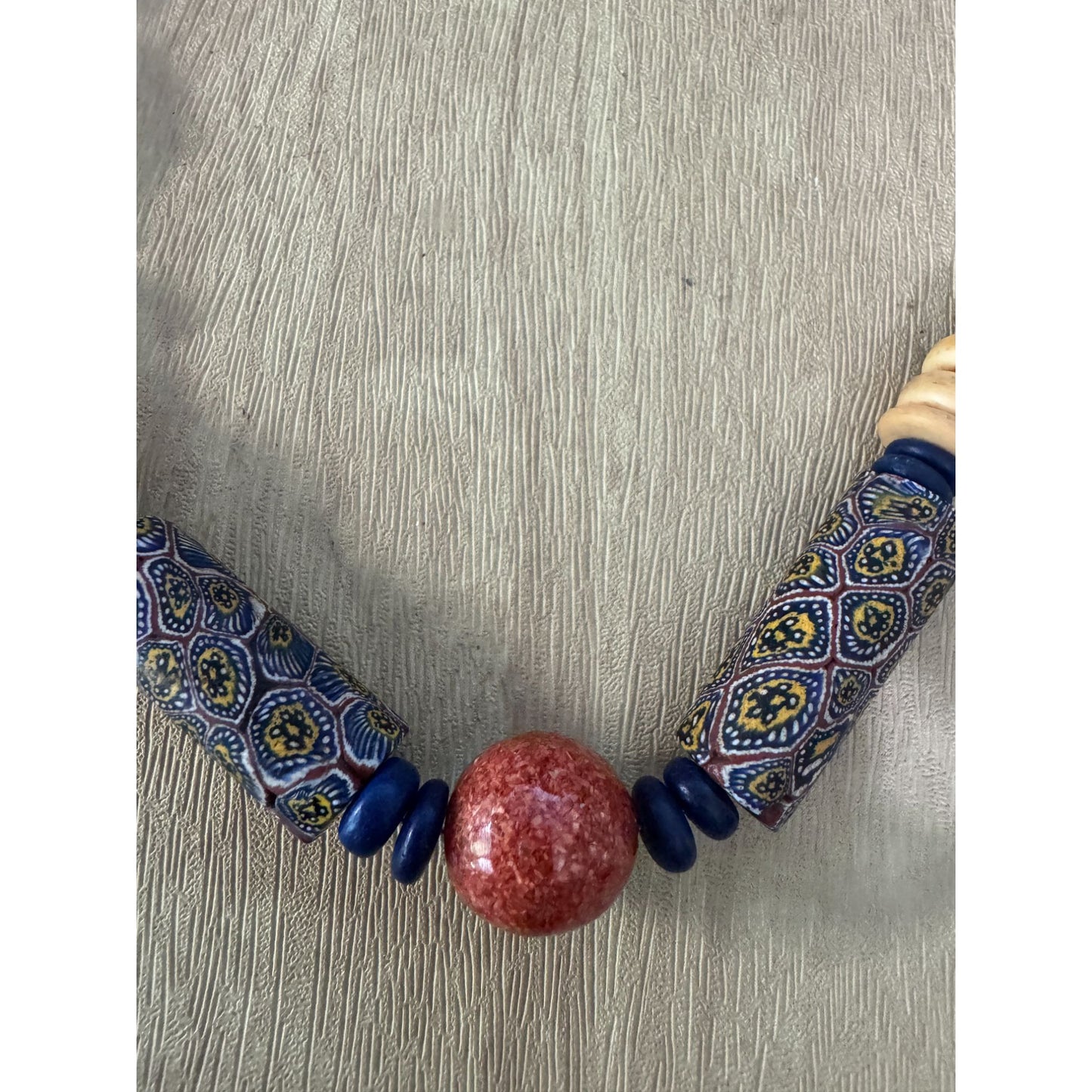 Vintage Murano Venetian Millefiori Beaded Necklace With Red & Blue Accents 16"