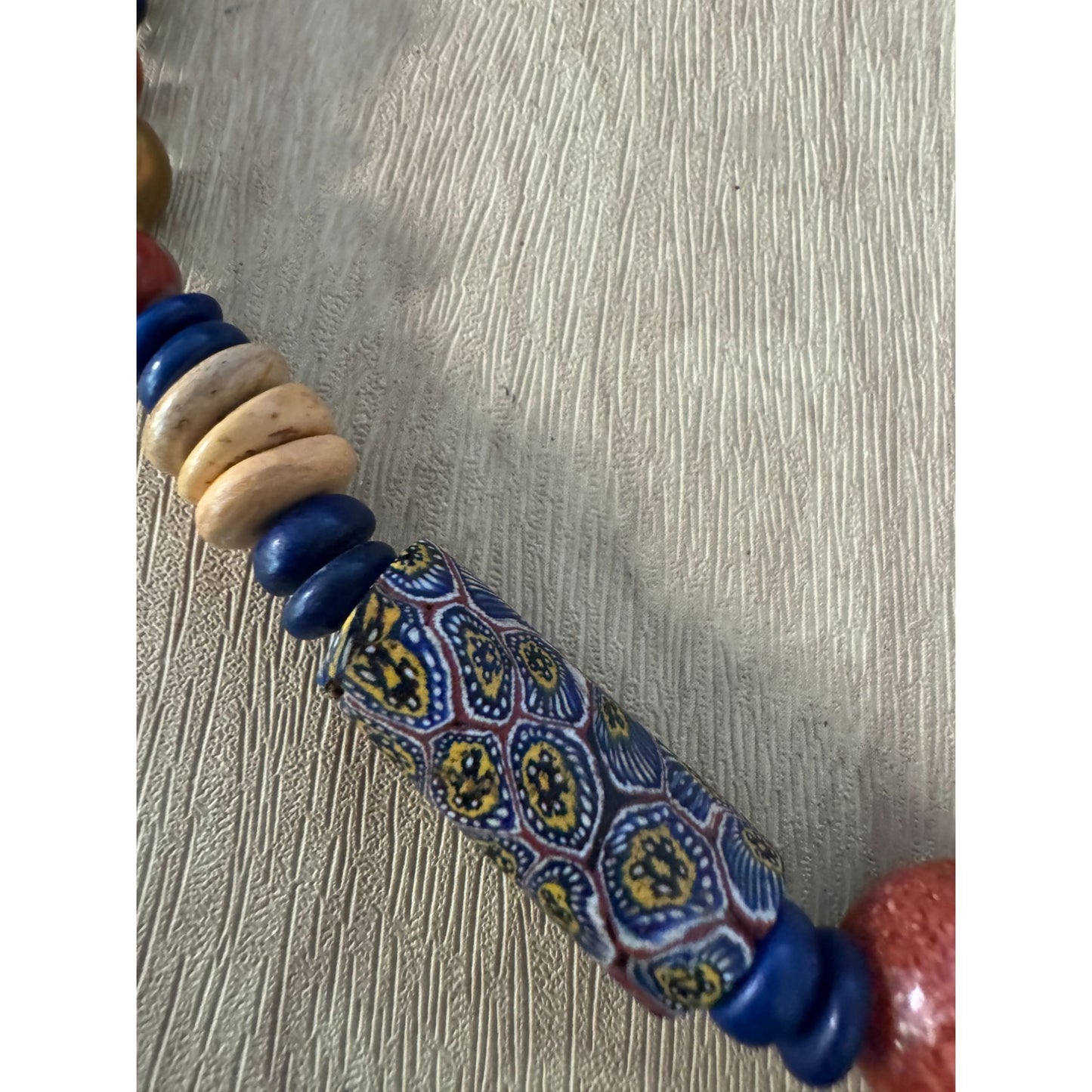 Vintage Murano Venetian Millefiori Beaded Necklace With Red & Blue Accents 16"