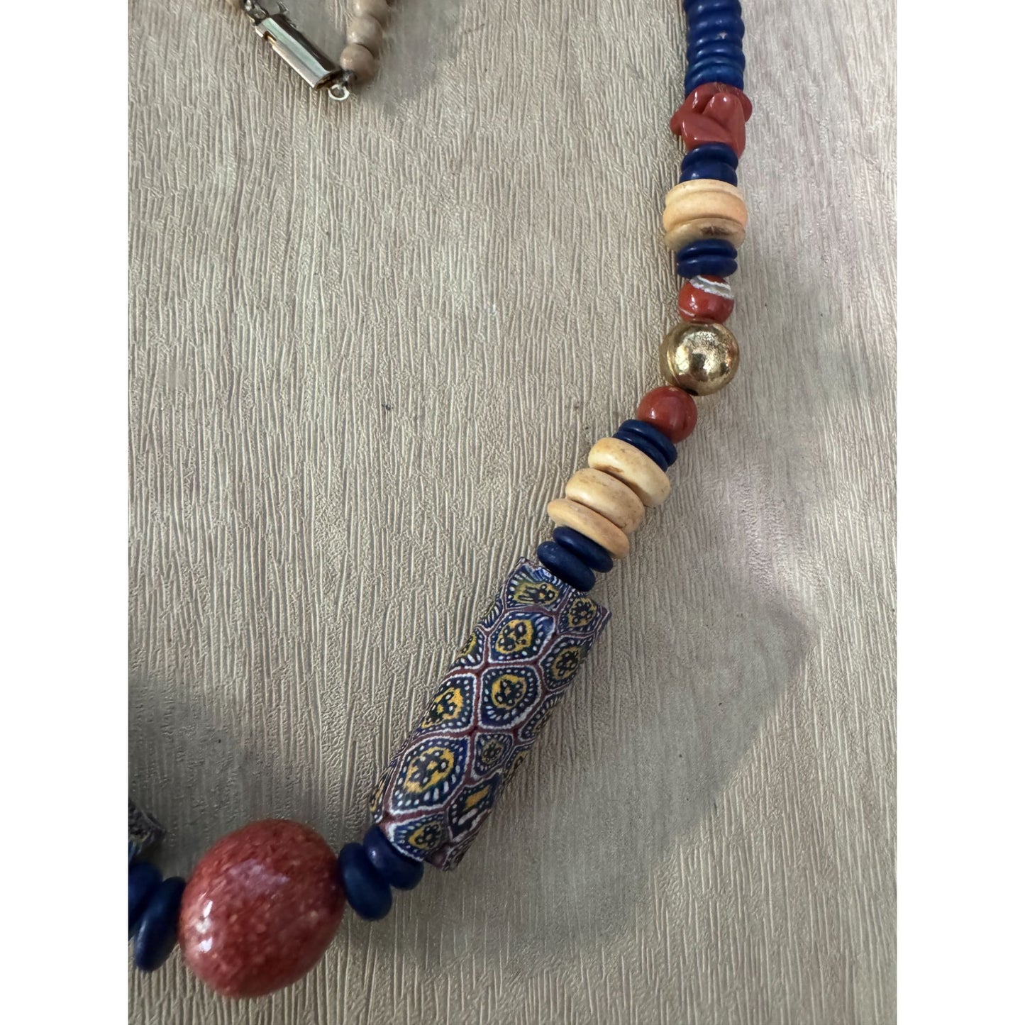 Vintage Murano Venetian Millefiori Beaded Necklace With Red & Blue Accents 16"