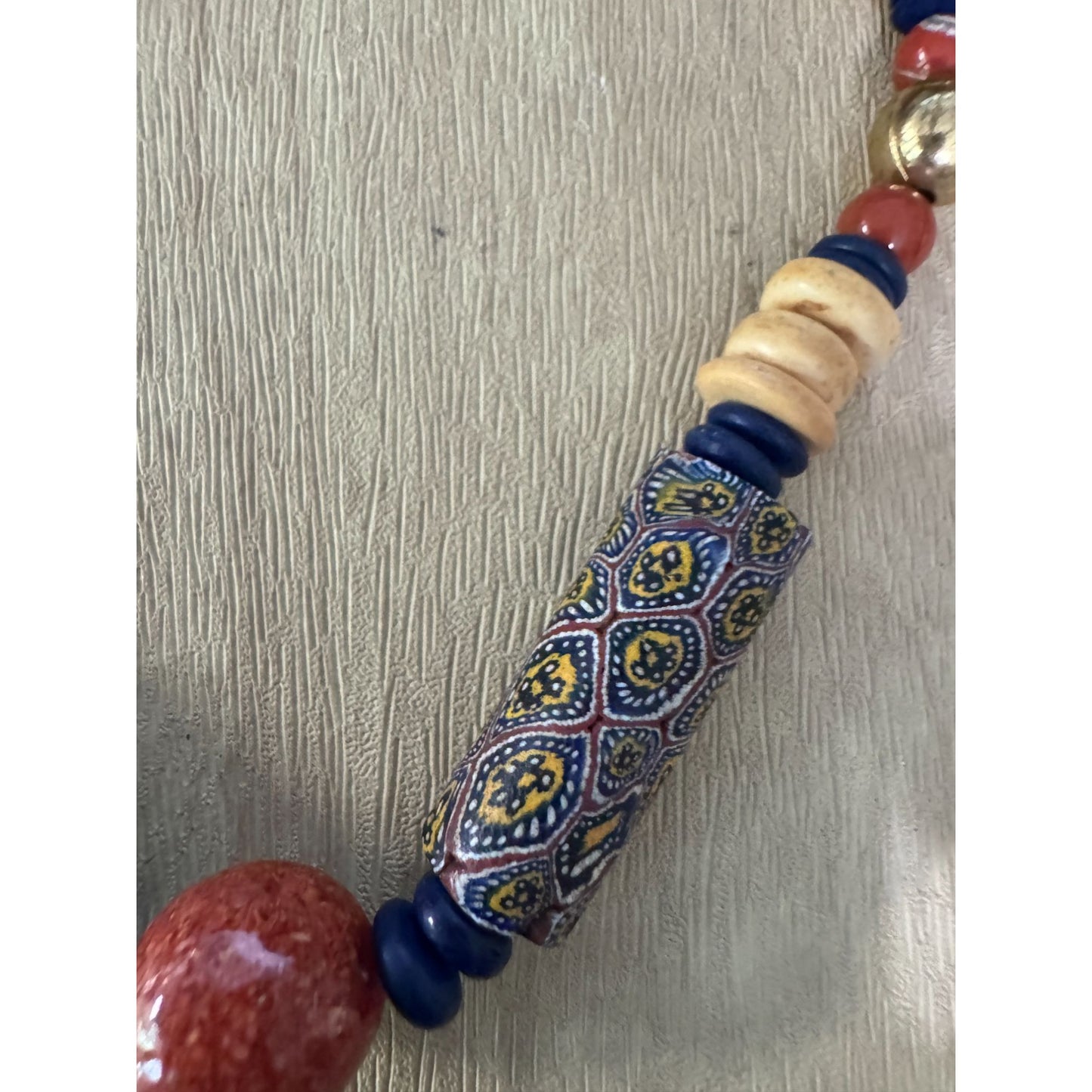 Vintage Murano Venetian Millefiori Beaded Necklace With Red & Blue Accents 16"