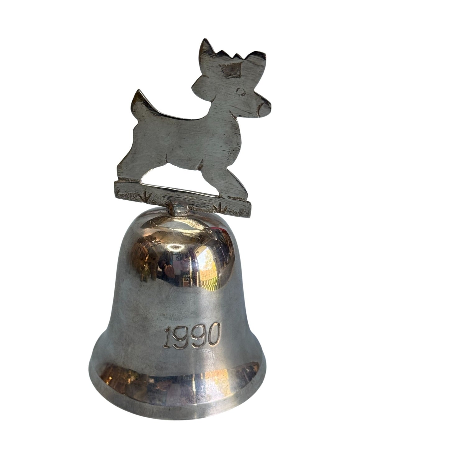 International Silver Reindeer Bell Christmas Ornament 1990 4 1/2" X 2 1/2"