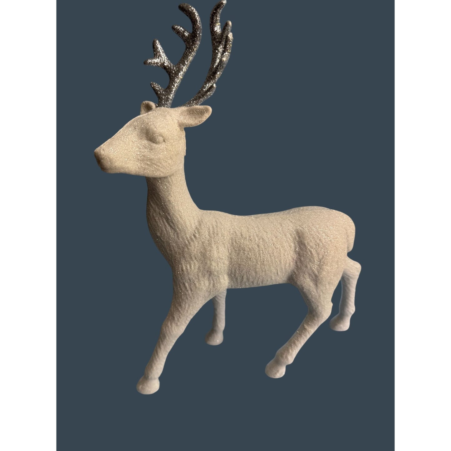 Glittery White Flocked Reindeer Figurine With Silver Antlers