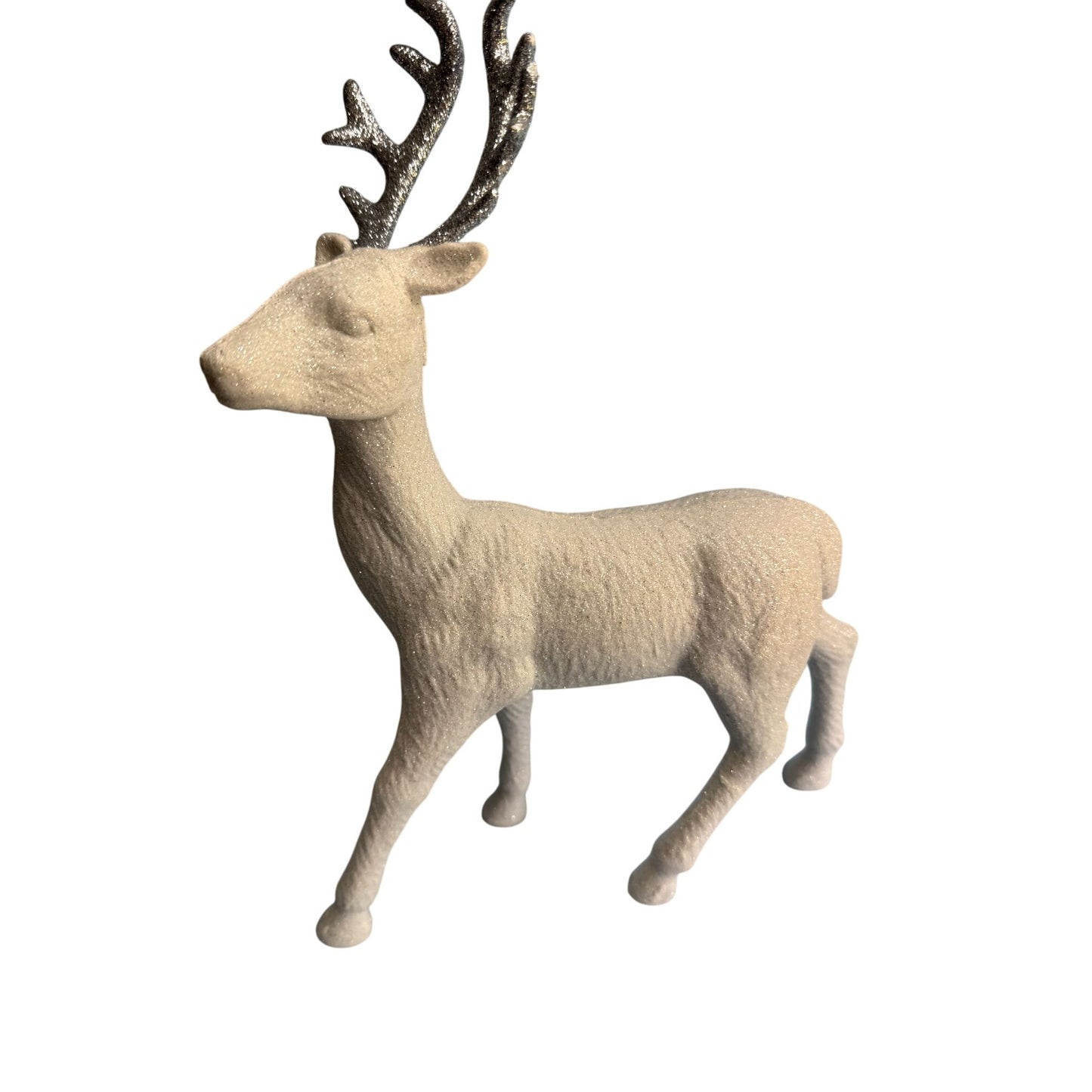 Glittery White Flocked Reindeer Figurine With Silver Antlers