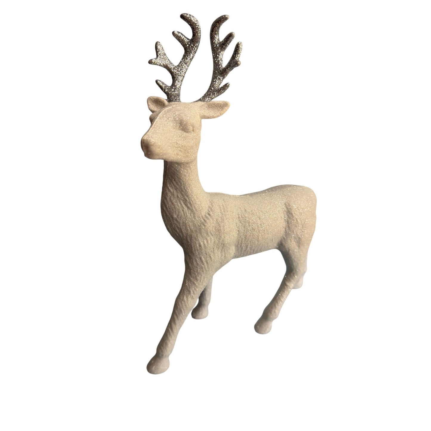 Glittery White Flocked Reindeer Figurine With Silver Antlers