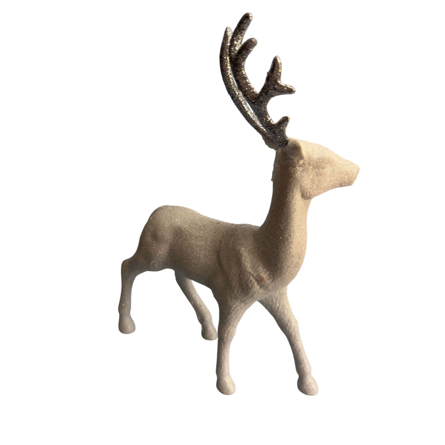 Glittery White Flocked Reindeer Figurine With Silver Antlers