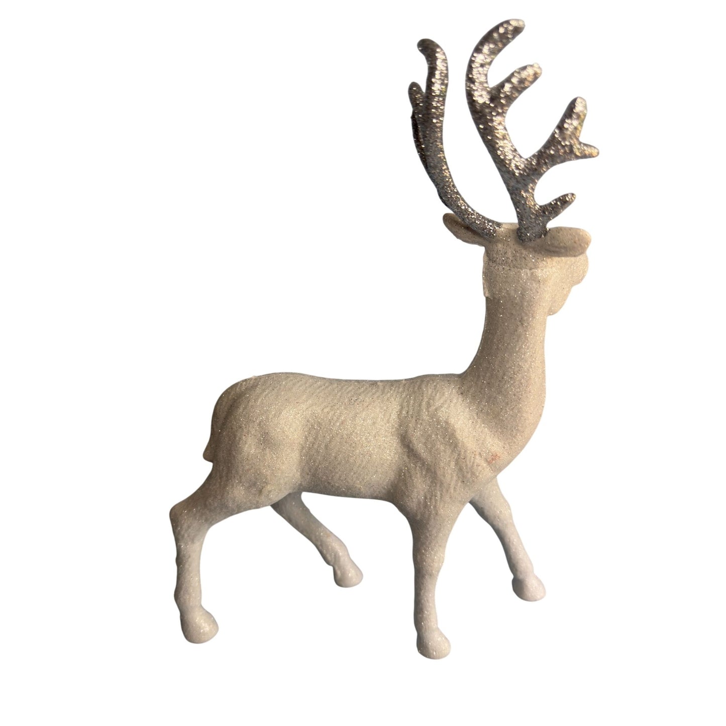 Glittery White Flocked Reindeer Figurine With Silver Antlers